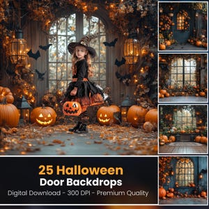 25 Halloween Digital Backdrop, Front Door decorated with pumpkins, Bundle Halloween Background, Photography Composite, Printable Set