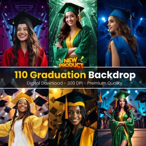 May include: A set of 110 digital graduation backdrops featuring different coloured graduation caps and gowns. The backdrops are ideal for creating graduation announcements, invitations, or social media posts.