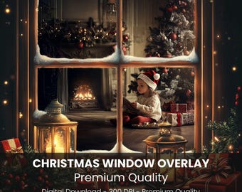 May include: A digital Christmas window overlay image. The image features a child in a Santa hat, a Christmas tree, and a fireplace. The text on the image reads "CHRISTMAS WINDOW OVERLAY Premium Quality Digital Download - 300 DPI - Premium Quality."