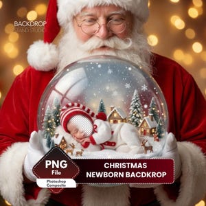 Pode incluir: Um cenário de Natal para recém-nascidos com um bebê em uma bola de neve segurada pelo Papai Noel. A bola de neve tem uma cena de vila de inverno com casas, árvores e neve caindo. O texto na imagem diz "Christmas Newborn Backdrop" e "PNG File".