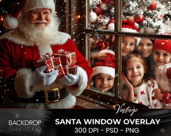 May include: A festive image shows Santa Claus holding presents, with children looking through a window. The scene is set during a snowfall, with a Christmas tree visible. The image includes the text "Santa Window Overlay" and "Backdrop Stand Studio".