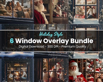 May include: A digital download bundle of six window overlays with festive themes. The image shows various scenes of Santa Claus, families, and Christmas decorations viewed through windows. Text on the image reads "Holiday Style" and "6 Window Overlay Bundle."