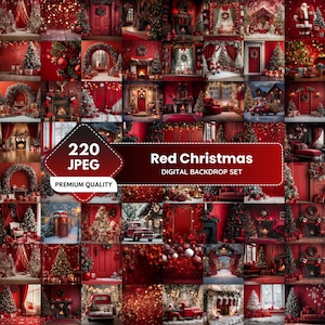 May include: A collage of Christmas-themed digital backdrops in various red hues. The images feature decorated Christmas trees, fireplaces, and festive decorations. The text on the image reads "220 JPEG" and "Red Christmas DIGITAL BACKDROP SET".