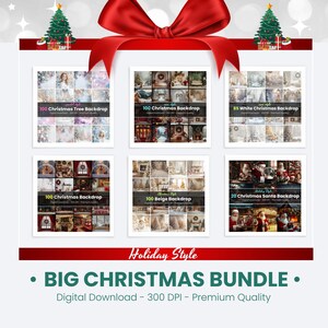 May include: A festive image advertising a Christmas digital backdrop bundle. The image displays six square thumbnails of festive scenes, including Christmas trees and Santa. Text includes "BIG CHRISTMAS BUNDLE" and "Holiday Style".
