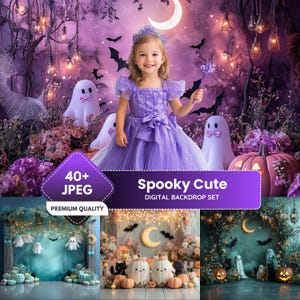 Puede incluir: Una niña con un vestido y corona morados posa frente a un telón de fondo de Halloween. El telón de fondo presenta fantasmas, murciélagos, calabazas y una luna creciente. El texto dice "Spooky Cute DIGITAL BACKDROP SET" y "40+ JPEG PREMIUM QUALITY".