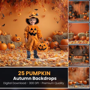 25 Autumn Digital Backdrop, Decorated with pumpkins, Kids Backdrop, Spooky Kids Photography Background with Pumpkins, Digital Backdrop