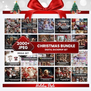 May include: A digital backdrop set with a Christmas theme. The image features a collection of over 2000 JPEG images, including various Christmas scenes, such as Santa Claus, Christmas trees, and winter landscapes. The text "Christmas Bundle" is prominently displayed.