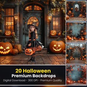 May include: A Halloween scene with a child in a witch costume holding a pumpkin lantern. The image showcases carved pumpkins, a decorated doorway, and the text "20 Halloween Premium Backdrops". The overall aesthetic is warm with autumnal colours.