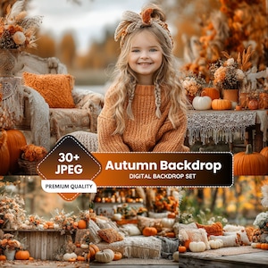 May include: A young girl wearing an orange sweater and headband smiles in front of an autumn backdrop. The scene features pumpkins, floral arrangements, and a sofa. Text on the image reads "Autumn Backdrop" and "Digital Backdrop Set".