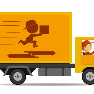 May include: A yellow delivery truck with a cartoon illustration of a person running with a box on the side. The truck has a driver in the cab.