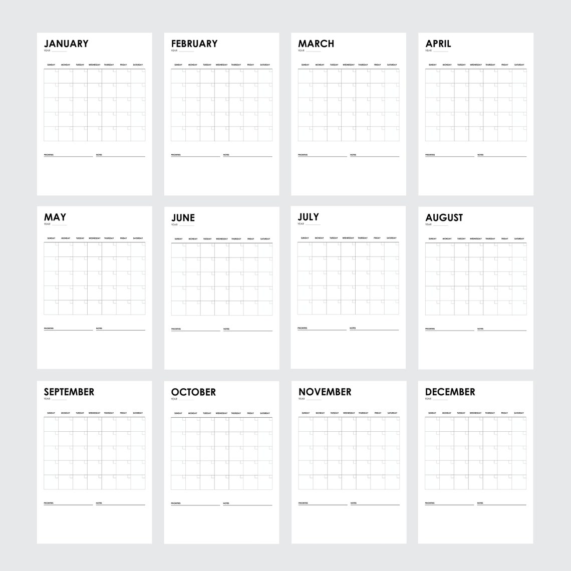Instant PDF Download Fillable PDF Calendar Printable Minimal Planner ...