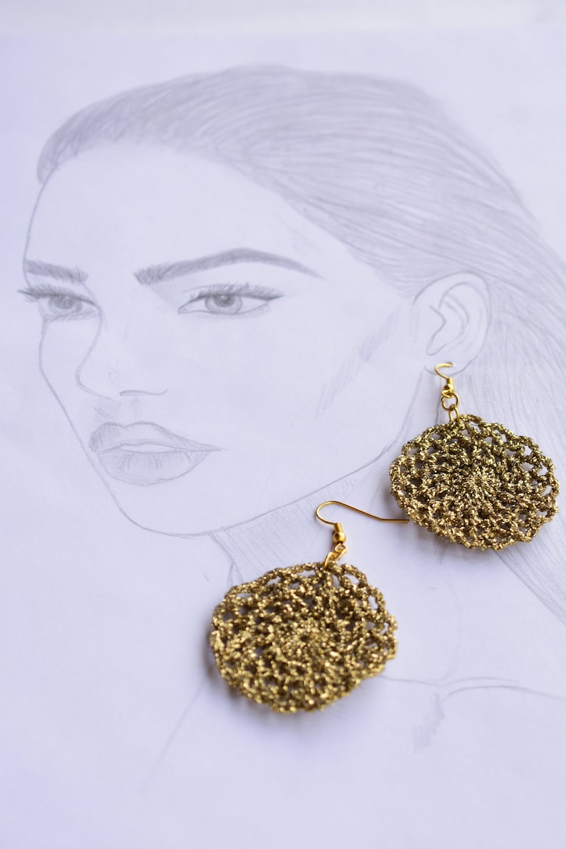 Gift for her Gold metallic crochet thread Gold jewelry gift for mom Gold drop hoop earrings
