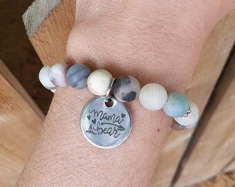 Charm "Mama Bear", Choose Your Gemstone Bead & Stainless Steel Bracelet