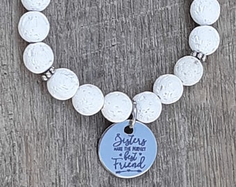 Charm "Sisters Make the Perfect Best Friend", Choose Your Gemstone Bead & Stainless Steel Bracelet