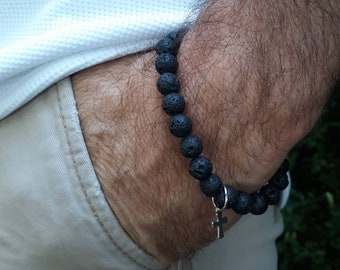 Men's/Women's 8mm Black Lava Rock Beads with Stainless Steel Cross Charm