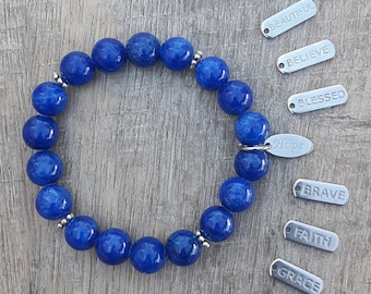 Beautiful, Believe, Blessed, Brave, Faith, Grace, Hope Charm, Choose Your Gemstone Bead & Stainless Steel Bracelet-Add wrist size in a note.