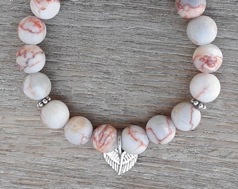 Angel Wings Heart-Shaped Charm, Choose your Gemstone Bead Bracelet, Angel Bracelet