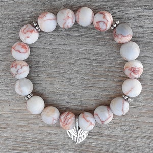 Angel Wings Heart-Shaped Charm, Choose your Gemstone Bead Bracelet, Angel Bracelet