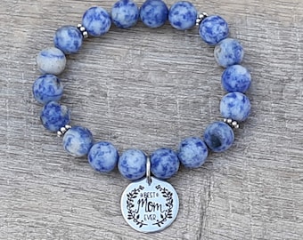 Charm "Best Mom Ever", Choose Your Gemstone Bead & Stainless Steel Bracelet