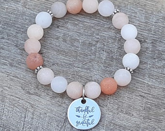 Charm "Thankful and Grateful", Choose Your Gemstone Bead & Stainless Steel Bracelet