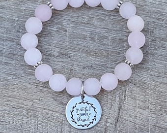 Charm "Grateful Thankful Blessed", Choose Your Gemstone Bead & Stainless Steel Bracelet