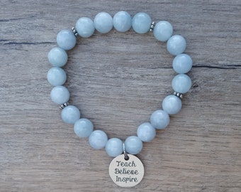 Charm "Teach Believe Inspire", Choose Your Gemstone Bead & Stainless Steel Bracelet