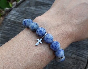 Cross Charm, Choose Your Gemstone Bead & Stainless Steel Bracelet
