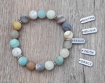 Beautiful, Believe, Brave, Faith, Grace Charm, Choose Your Gemstone Bead & Stainless Steel Bracelet-Add wrist size in a note with order.