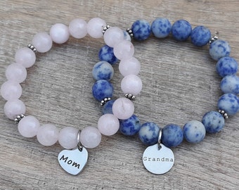 Mom Charm Grandma Charm Choose Your Gemstone Bead & Stainless Steel Bracelet