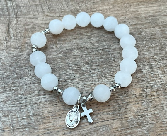 Rosary Bracelet for Women & Men / Choose Your Gemstone Bead Color Stretchable Bracelet w/ Blessed Mother Mary Divine Mercy Medal Cross Charm