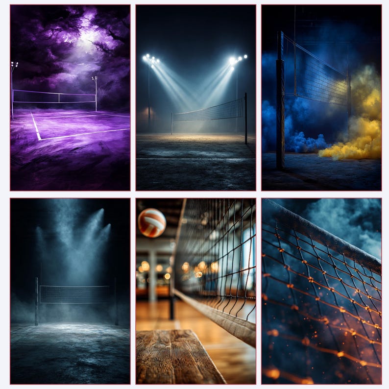 May include: A collection of six images showcasing volleyball nets and courts under dramatic lighting. The scenes feature various color palettes, including purple, blue, and yellow, with smoke effects and a volleyball in action.