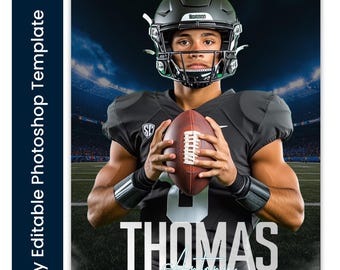 May include: A football player wearing a black jersey and helmet holds a football in front of a stadium backdrop. The player's name is "THOMAS" and the text "CENTRAL HIGH VARSITY FOOTBALL" is below the name.
