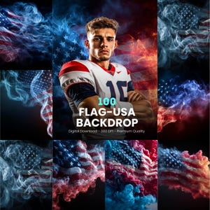 Puede incluir: Un telón de fondo digital con un jugador de fútbol americano con una camiseta blanca y roja con el número 10. El fondo incluye un diseño de bandera estadounidense con efectos de humo rojo, blanco y azul. El texto dice "100 FLAG-USA BACKDROP".