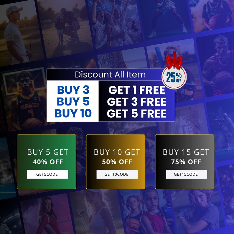 May include: Promotional graphic with text "Discount All Item" and offers like "Buy 3 Get 1 Free" and "Buy 5 Get 3 Free." Includes a 25% off tag and codes like GETSCODE, GET10CODE, and GET15CODE for discounts.