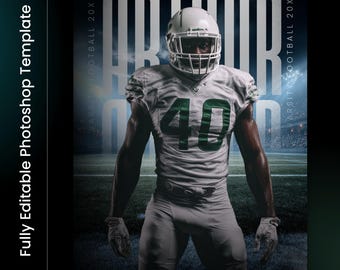 May include: A football player in a white and green uniform with the number 40 stands on a field. The image includes the text "Central High School" and "Varsity Football 20XX". The words "Arthur" are also visible in the background. The image is a Photoshop template.