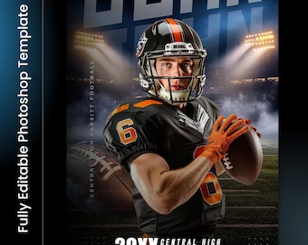 May include: A football player in a black and orange uniform, holding a football. The image includes the text "JOHN" and "20XX CENTRAL HIGH VARSITY FOOTBALL". The template is fully editable.