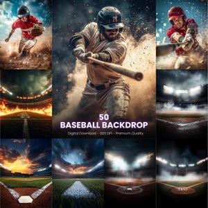 May include: A collage of baseball-themed digital backdrops. The images include action shots of players, baseball fields, and stadium views. Text on the image reads "50 BASEBALL BACKDROP" and "Digital Download - 300 DPI - Premium Quality."