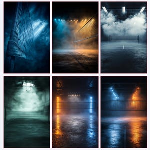 May include: Six images of a volleyball court with a net, lit by spotlights. The courts are empty, with a smoky atmosphere and a dark, wet-looking floor. The lighting is a mix of blue and orange, creating a dramatic effect.