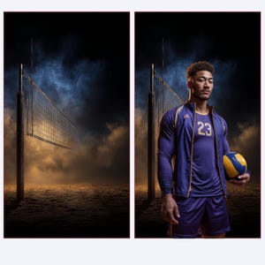 May include: A volleyball net and a player in a purple and gold uniform holding a volleyball. The player is wearing shorts and a jacket with the number 23. The background is dark with a smoky effect.