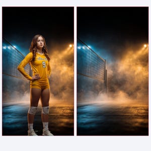 May include: A young woman in a yellow volleyball uniform with the number 9 stands confidently. The background features a volleyball net, spotlights, and a smoky atmosphere, creating a dramatic sports scene.