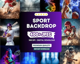 May include: A collage of images featuring sports backgrounds. The images include a baseball field, a basketball court, a soccer field, a tennis court, and a track and field. The images are all in a purple and white color scheme. The text "SPORT BACKDROP 400+JPEG 300 DPI - DIGITAL DOWNLOAD PREMIUM QUALITY INSTANT DOWNLOAD" is displayed on the collage.