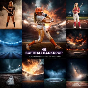 May include: 40 digital softball backdrop images. The images feature a variety of backgrounds, including a baseball field, a stadium, and a field with smoke. The images are perfect for creating custom softball team photos or for use in social media.