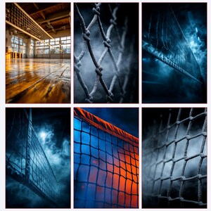 May include: A collage of images featuring volleyball nets. The nets are black and white, with a focus on the details of the netting and the ropes. Some images have a blue or orange background, and some have a smoky effect.