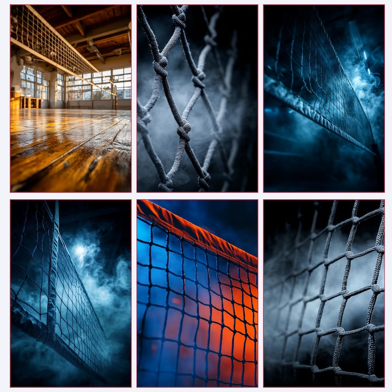 May include: A collage of images featuring volleyball nets. The nets are black and white, with a focus on the details of the netting and the ropes. Some images have a blue or orange background, and some have a smoky effect.
