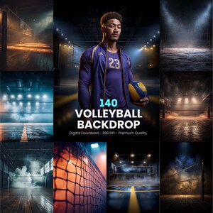 May include: A digital download product featuring 140 volleyball backdrops. The image includes a person in a purple jacket holding a volleyball. The text on the image reads "140 Volleyball Backdrop" and "Digital Download - 300 DPI - Premium Quality."