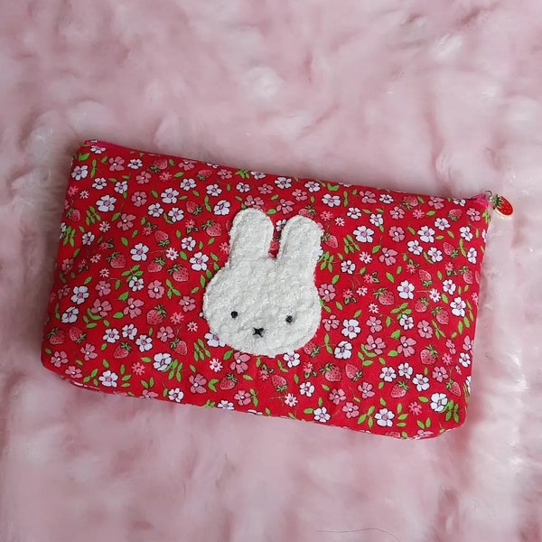 Cute kawaii miffy bunny rabbit & strawberry fields of flowers charm accessory zipper pouch for bag purse organizer