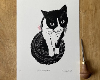 Cat on The Rug| Original Linocut| Tuxedo cats| Printmaking| Cat art print|#2A| 11"x 14"Matted| Unframed| Wall décor| Cat lovers| Handprinted
