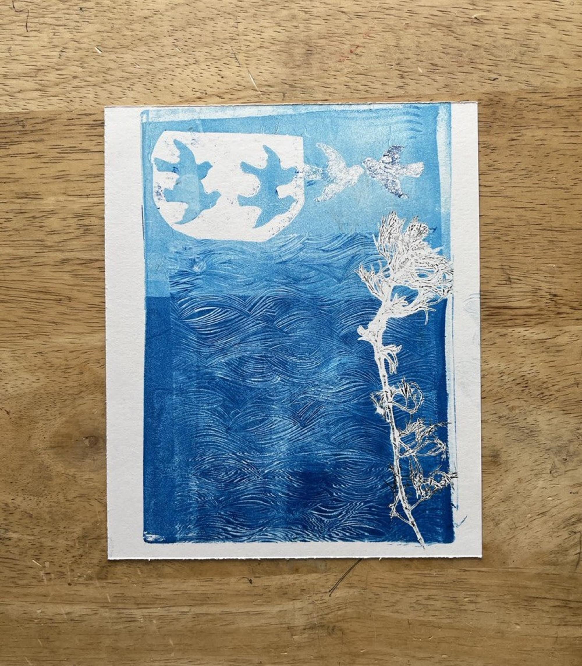 Original Monoprint Birds on the Field Series #12 Fine Art Printmaking 10x8 Inches Matted, Unframed, One of a Kind Artwork