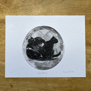 Cat and Plant in a Circle| Original Lino cut & monoprint| Cat art print| #52| | 11&quot;x 14&quot;| Matted| Unframed| Cat art| Wall decor