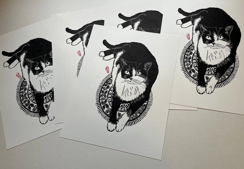 Cat on the Rug| Original Linocut| Tuxedo Cats| Printmaking Cat Art ...